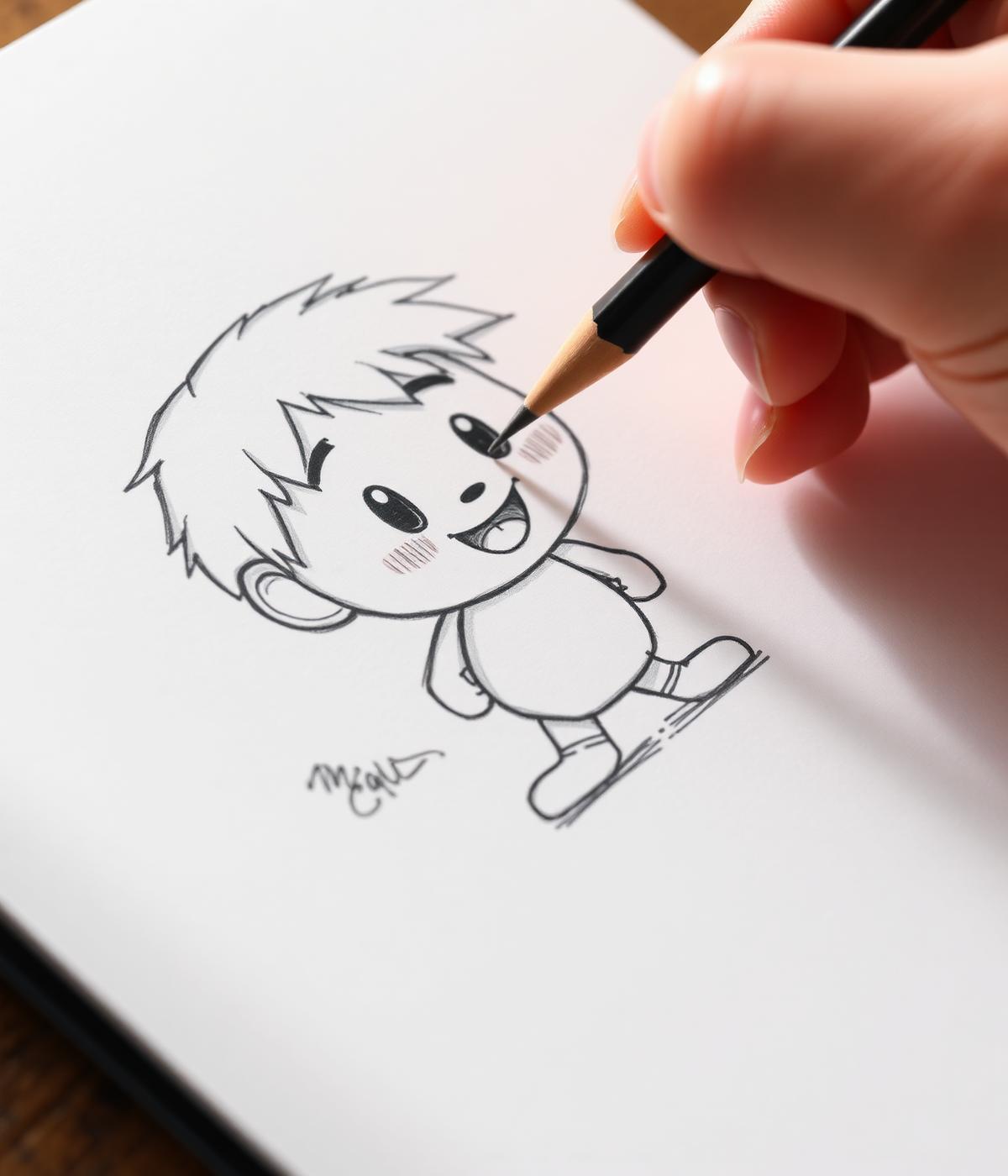 Mão desenhando personagem no sketchbook